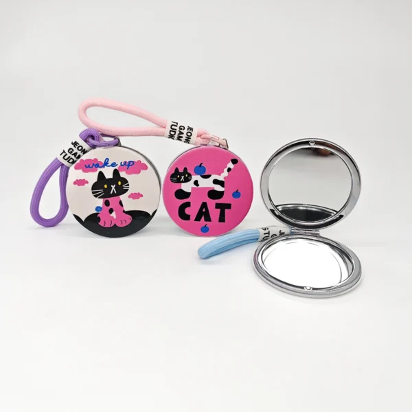 Espejo Circular Para Cartera con Llavero Gato