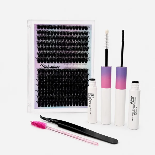 Kit de Pestañas en Clúster + Adhesivo + Sellador + Pinzas 100 Pzas.