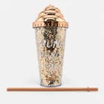 Vaso Plástico Brillos con Sorbete y Tapa Decorativa