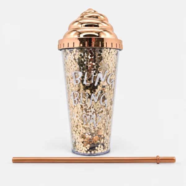 Vaso Plástico Brillos con Sorbete y Tapa Decorativa