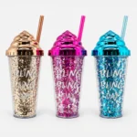 Vaso Plástico Brillos con Sorbete y Tapa Decorativa