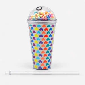 Vaso Plástico Corazones con Sorbete y Tapa Bubble